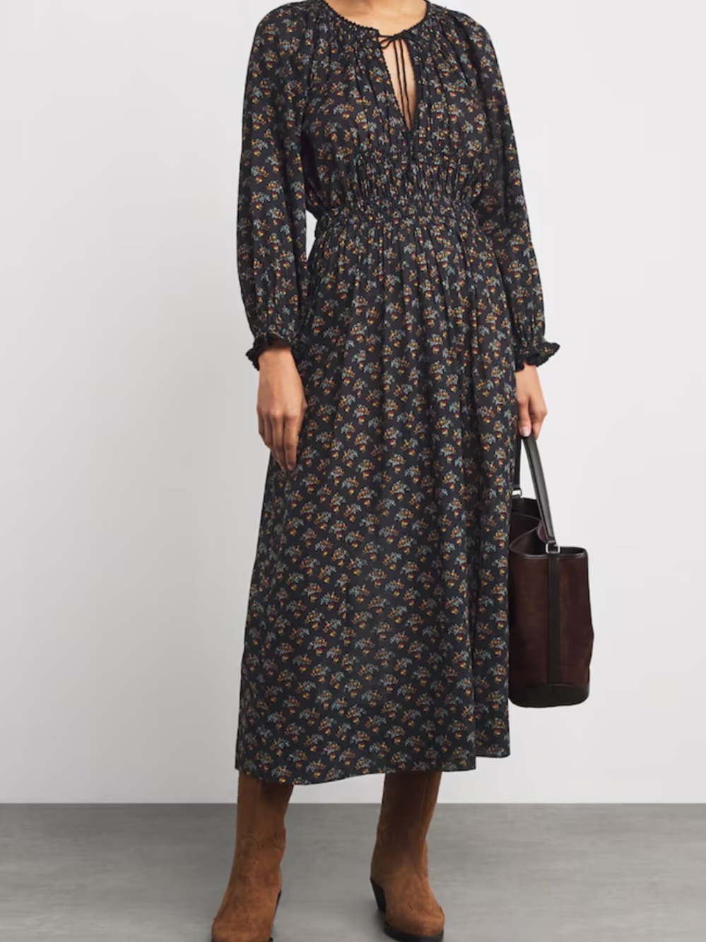Doen Delfina Shirred Floral Print Midi Dress